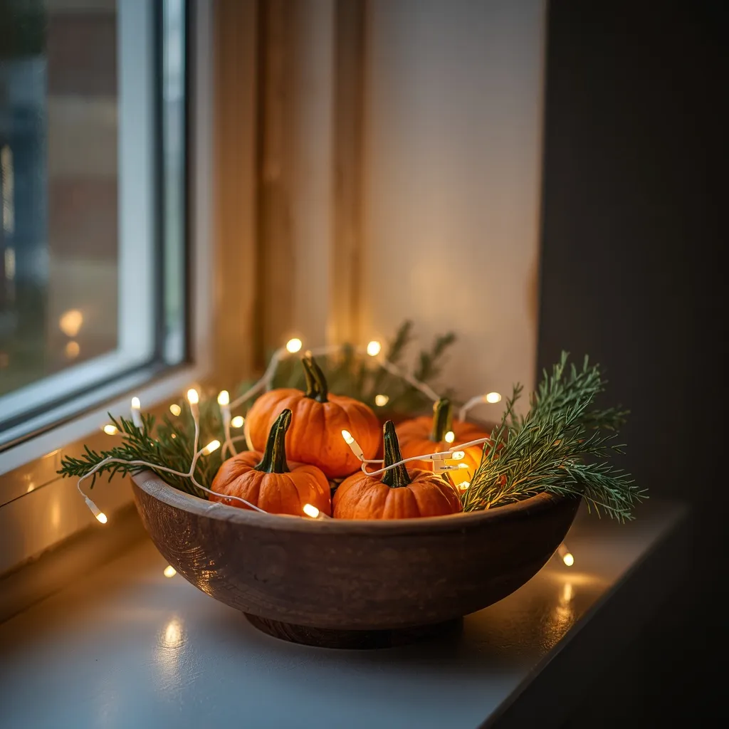 Pumpkins glowing among fairy lights