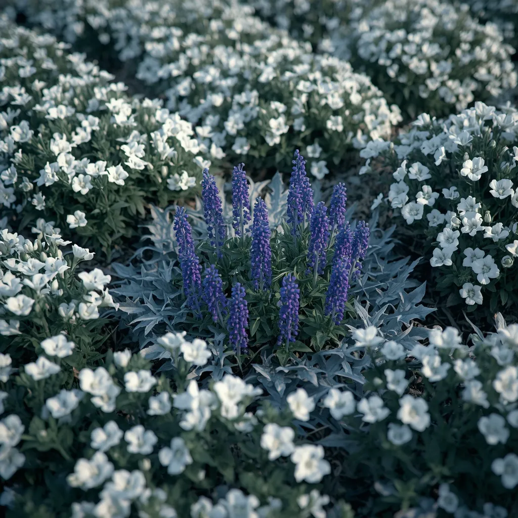 White flower border with one deep-blue salvia accent among silver foliage