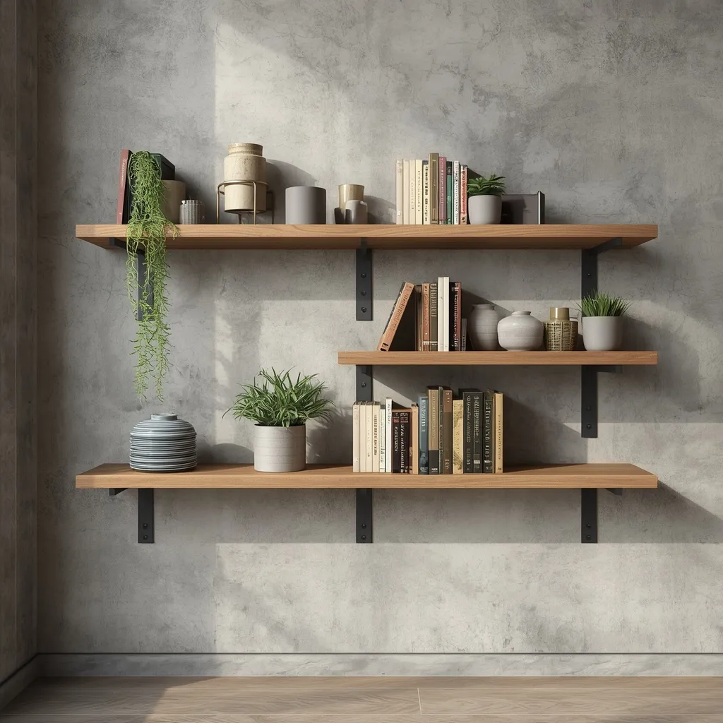Wooden floating shelves on black metal brackets in an industrial-style room