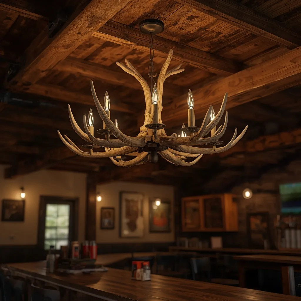 A faux-antler chandelier hanging over a rustic garage bar