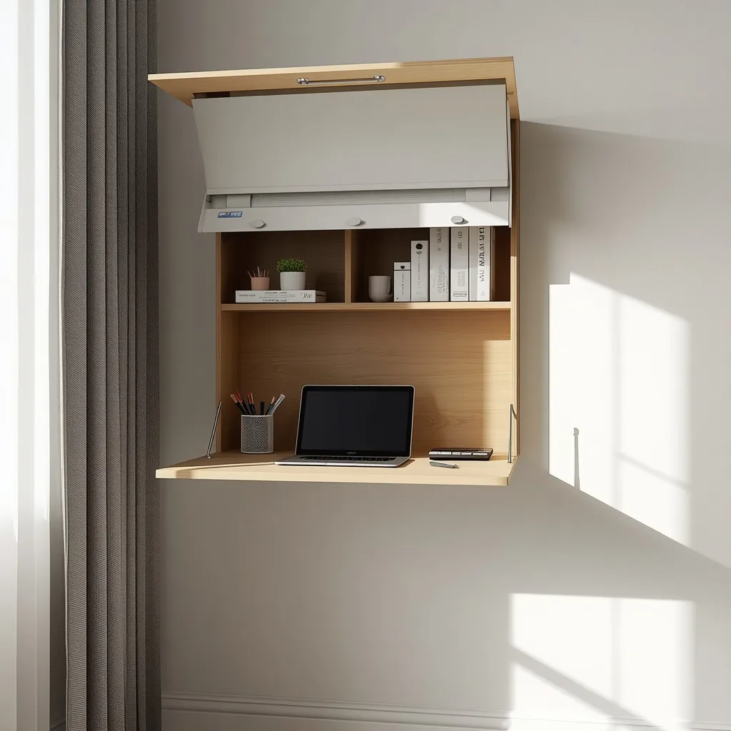 A fold-down wall desk open in a corner with shelves holding stationery and a laptop