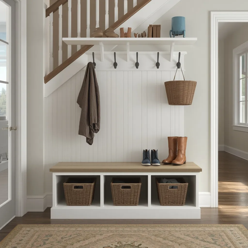 An under-stair mudroom bench with shoe cubbies below and coat hooks above