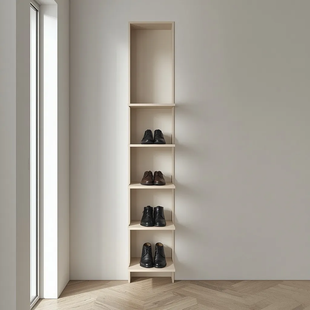 Angled floating shoe shelves displaying pairs of shoes in a minimalist entryway
