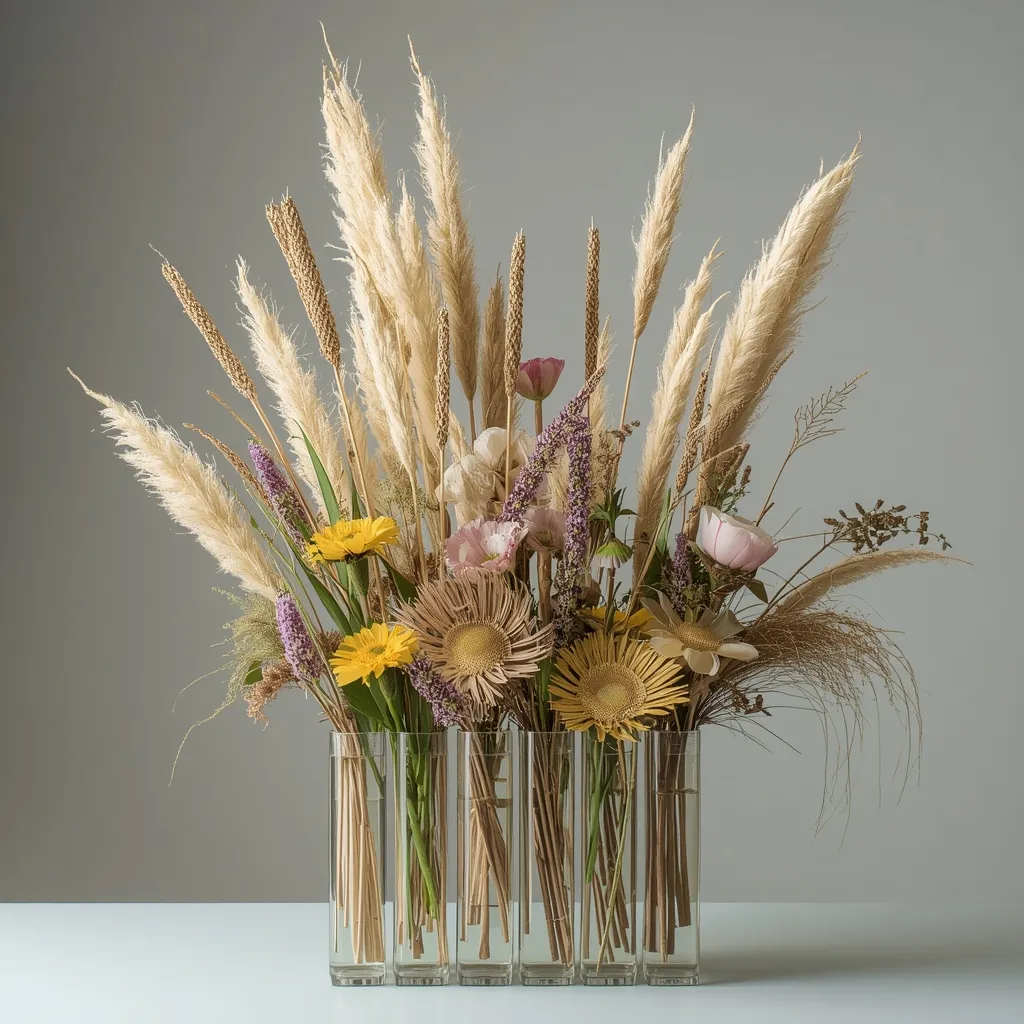 Dried and fresh flower mixed display