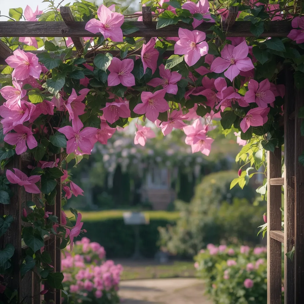 Pink clematis climbing through a wooden trellis over a garden arch