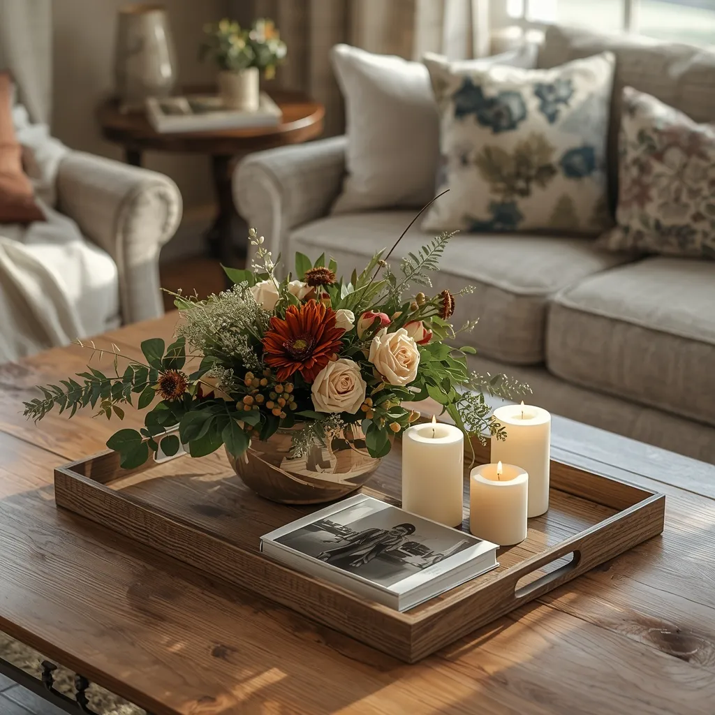 Styled fall coffee table in a living room