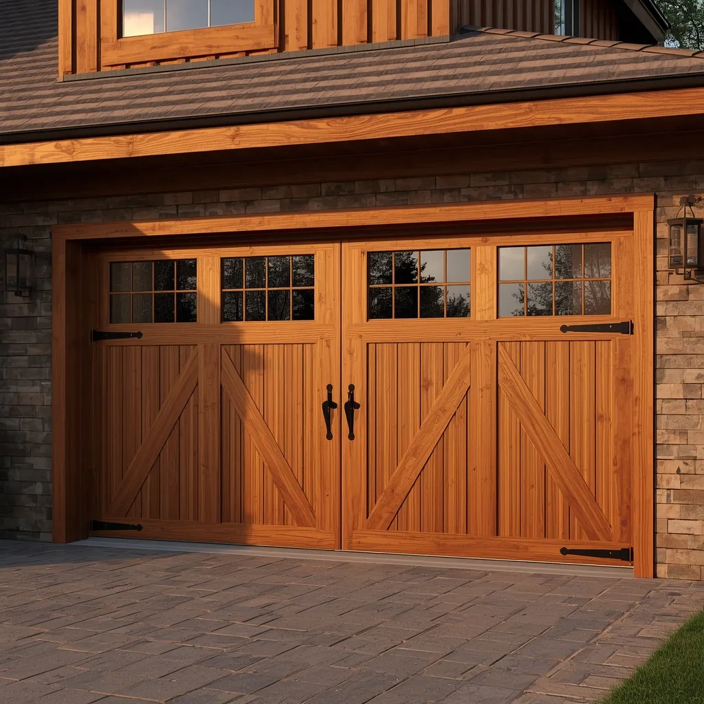 A rustic wooden carriage-house garage door with black strap hardware