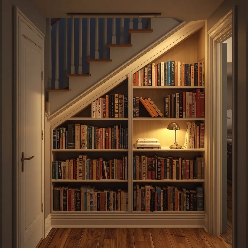 Angled under-stair bookshelves filled with books following the staircase slope