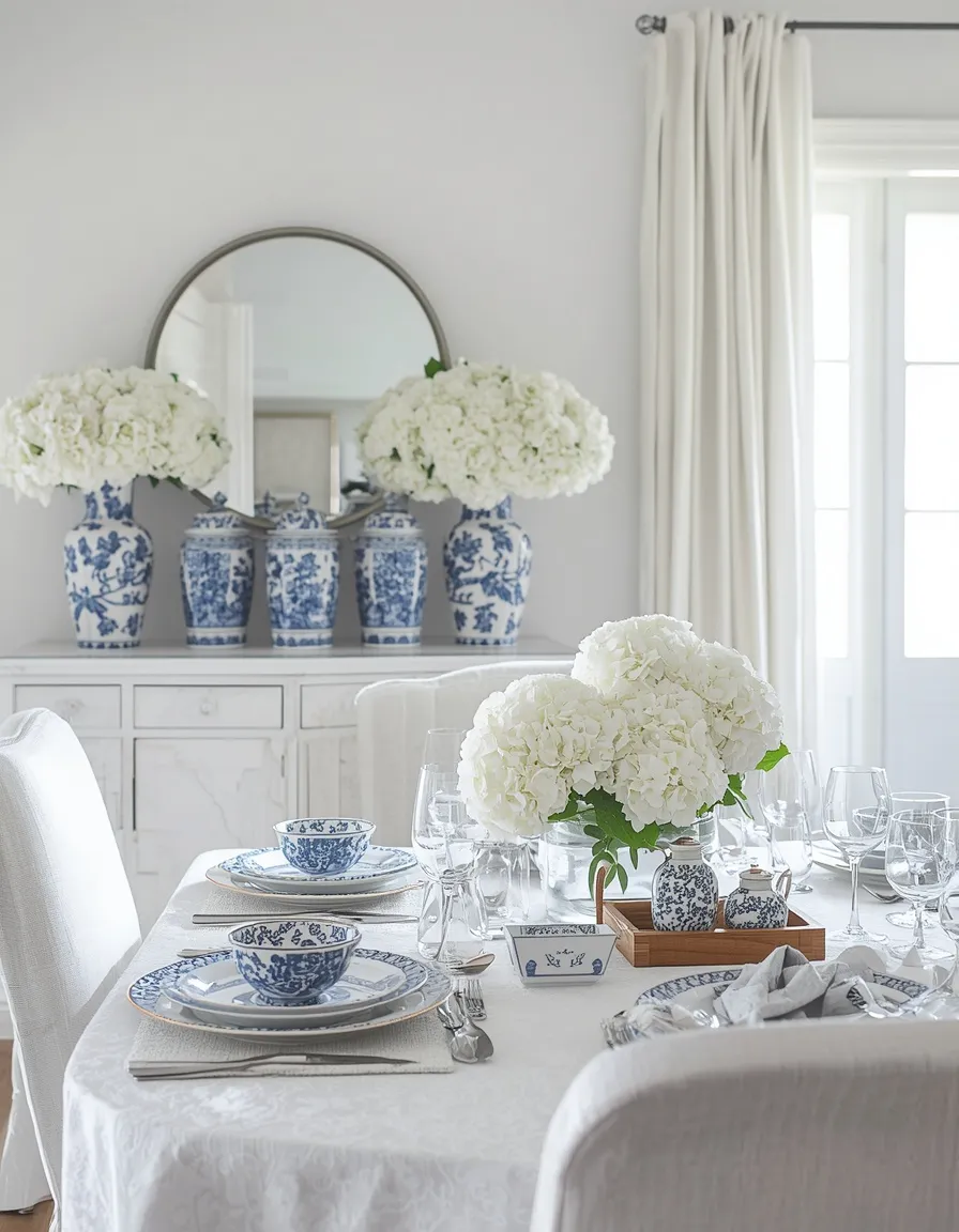 Blue and white summer dining room