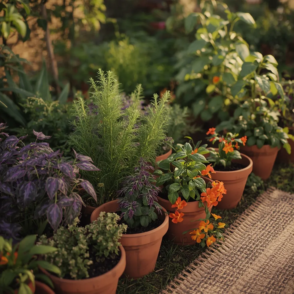 Boho herb and vegetable garden in backyard
