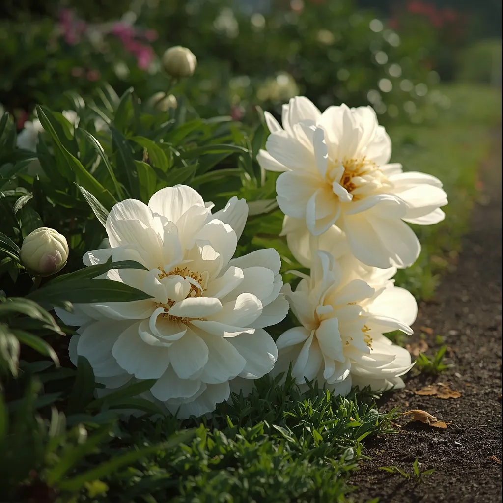Creamy-white peonies in full bloom spilling over the edge of a garden path