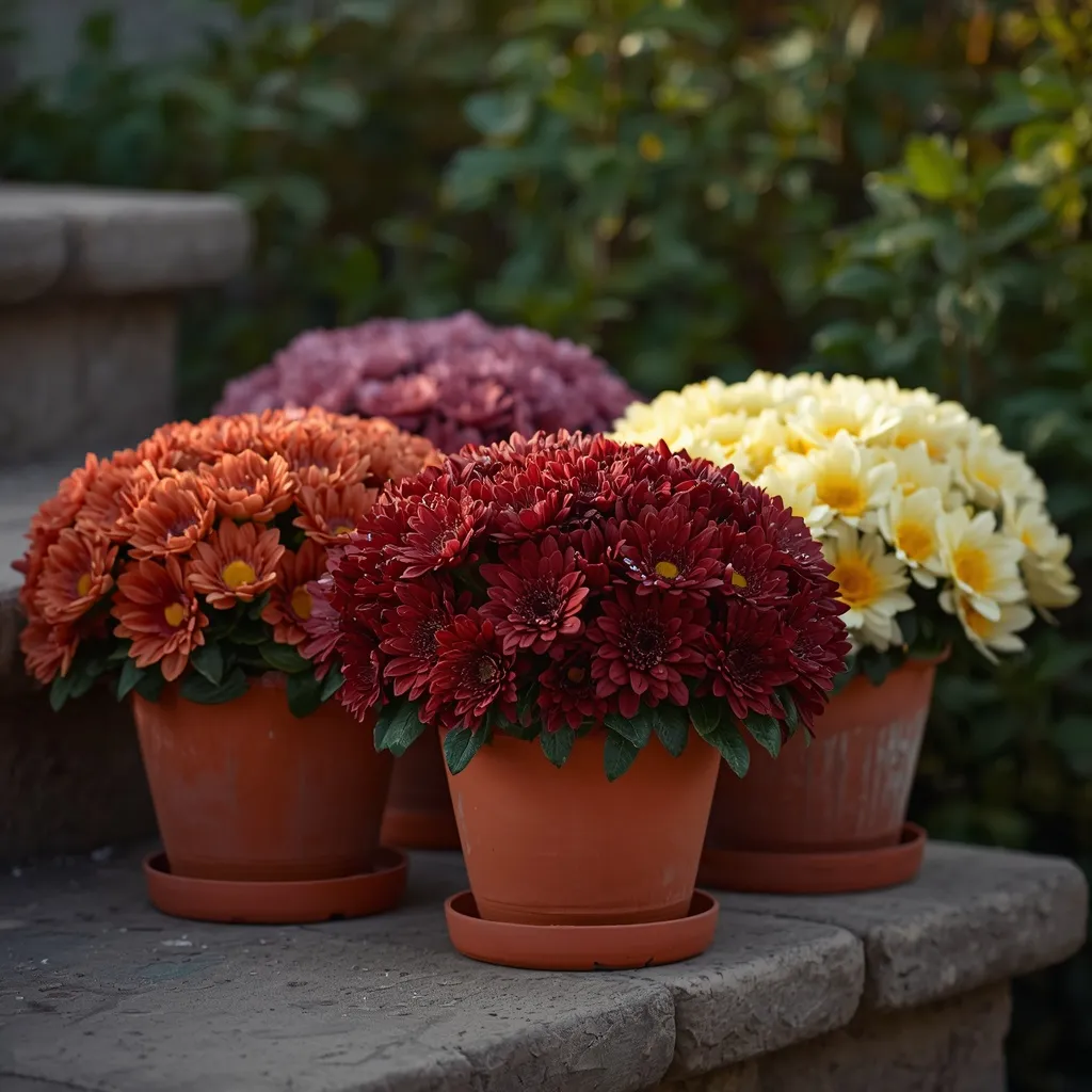 Massed rust and yellow mums on steps
