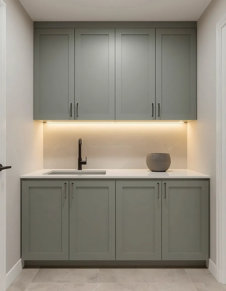 Modern minimalist sage green laundry room