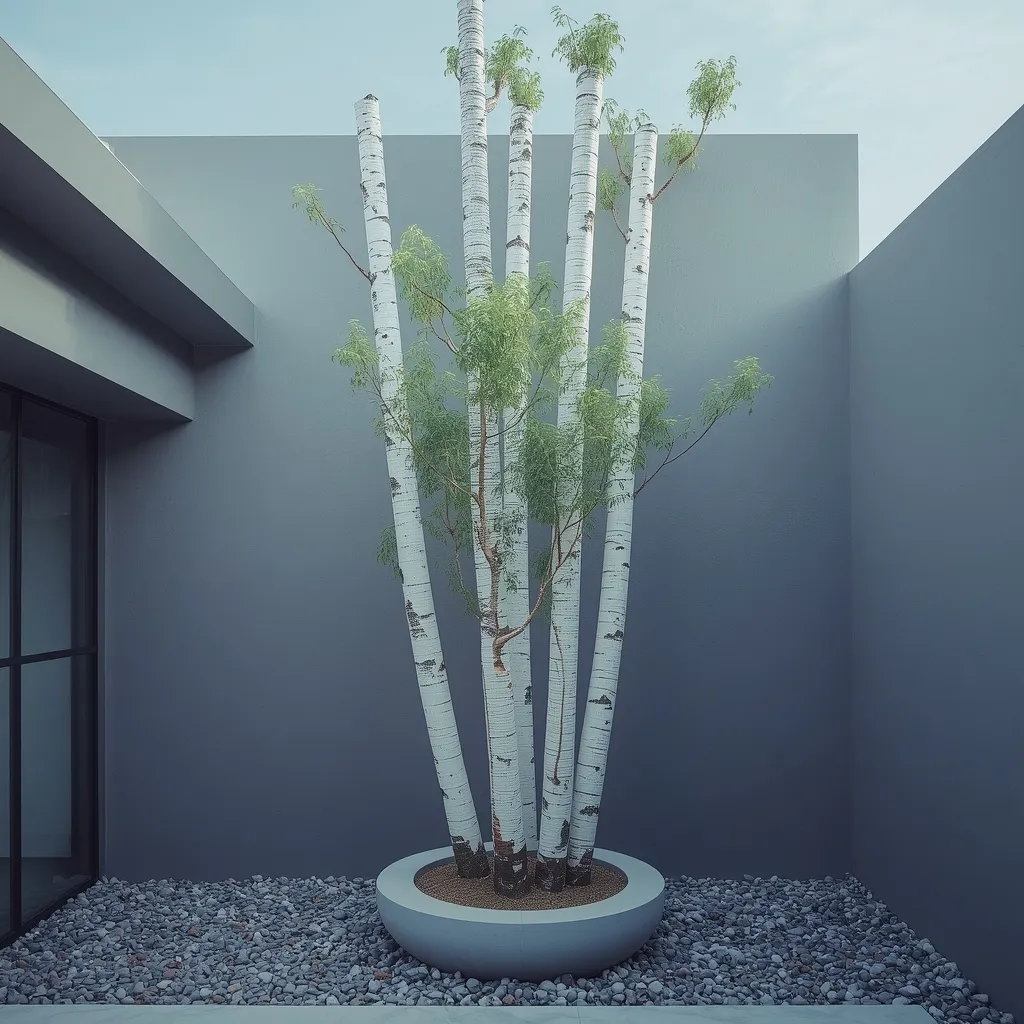 Multi-stem birch with several white trunks in a modern courtyard planter