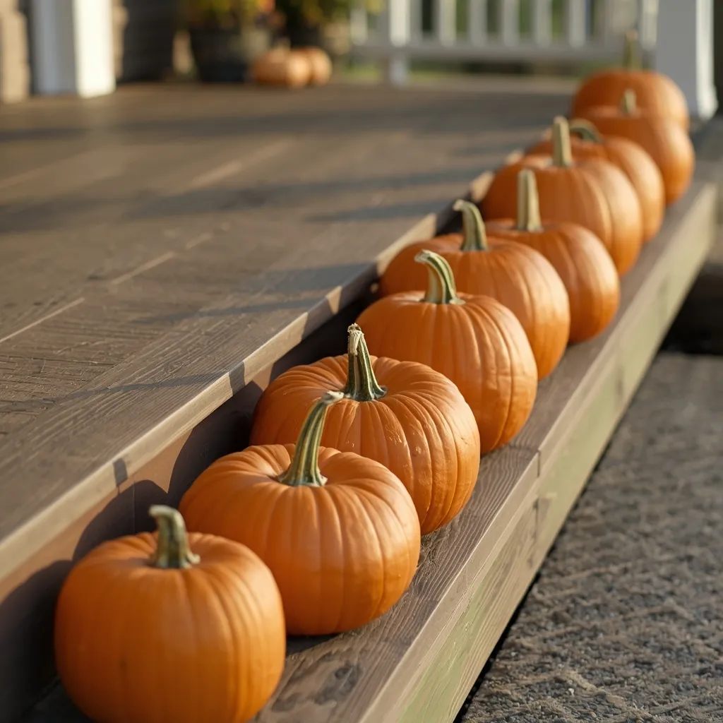 Pumpkins lining front porch steps