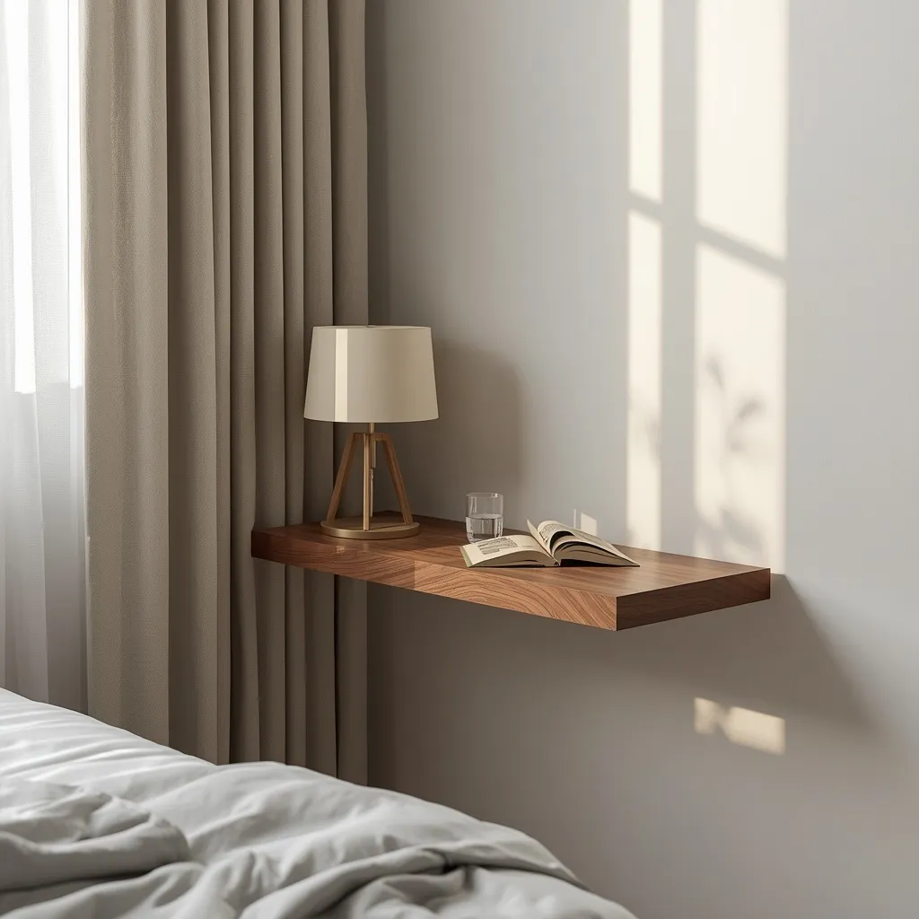 Slim floating shelf used as a bedside table beside a bed with a lamp and book.