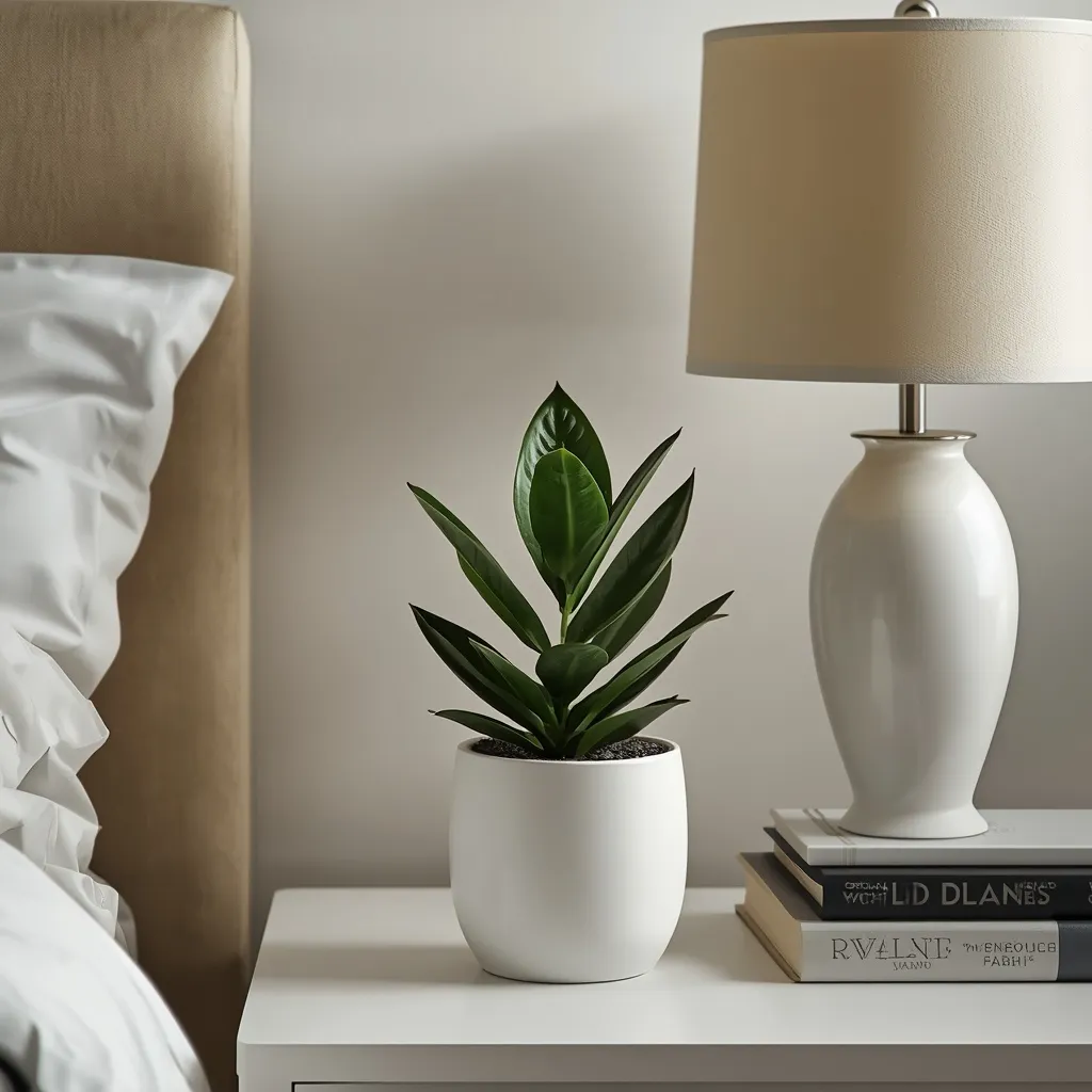 Snake plant on a modern bedroom nightstand
