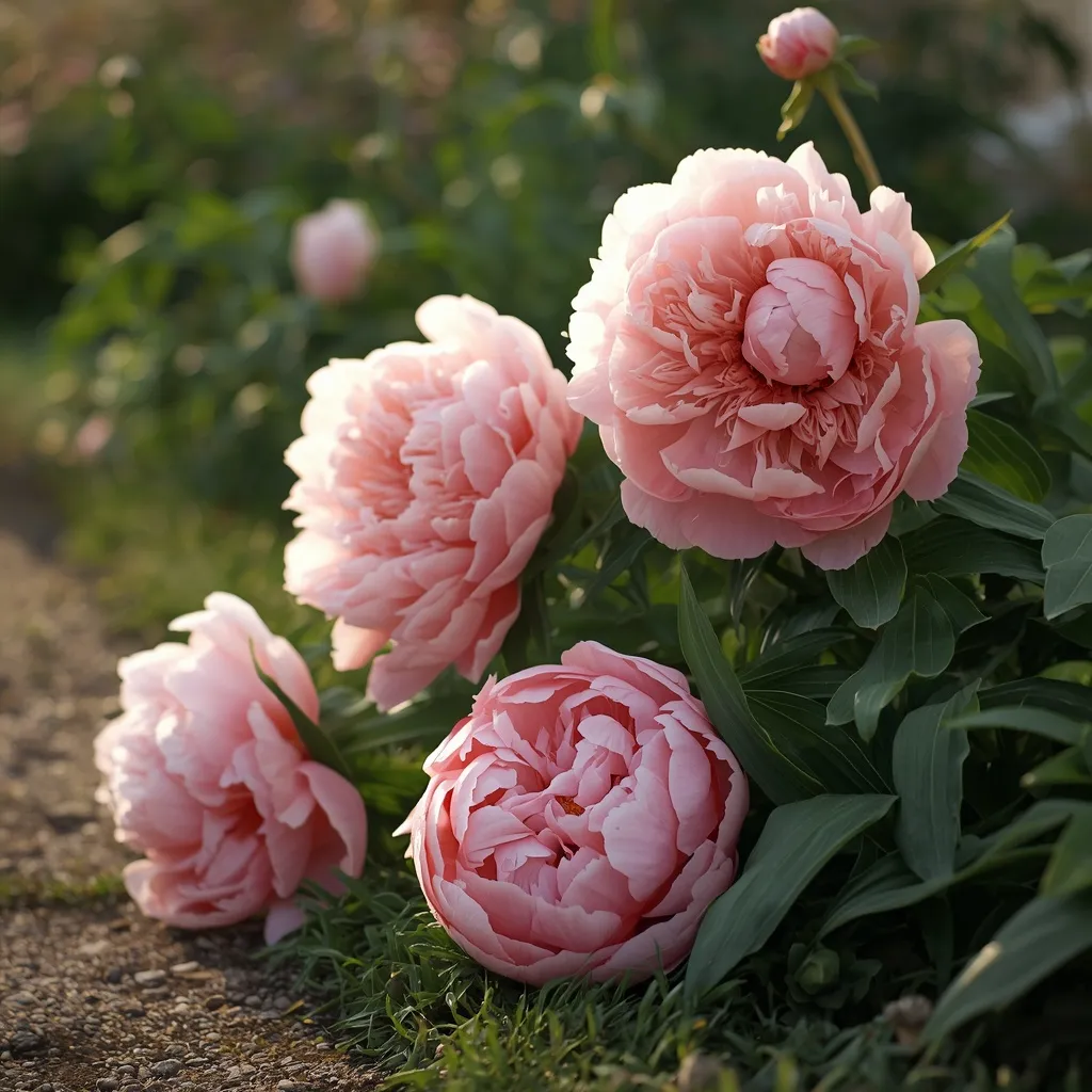 Soft pink peonies in full bloom spilling over the edge of a garden path