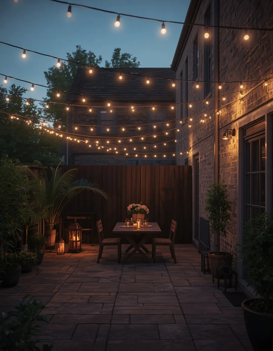 String-lit courtyard outdoor dining