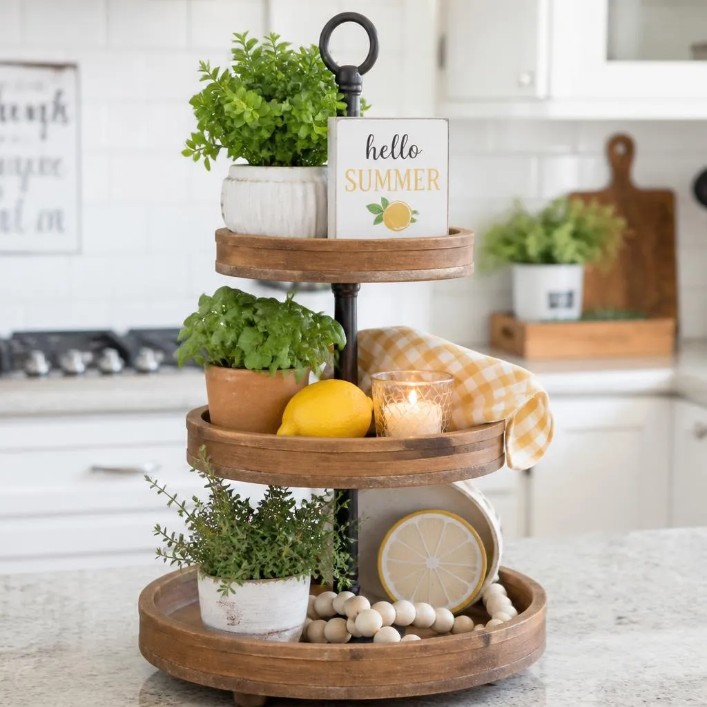 Summer farmhouse tiered tray decor