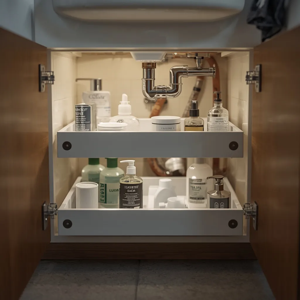 Two-tier pull-out drawers organizing an under-sink bathroom cabinet around the pipe