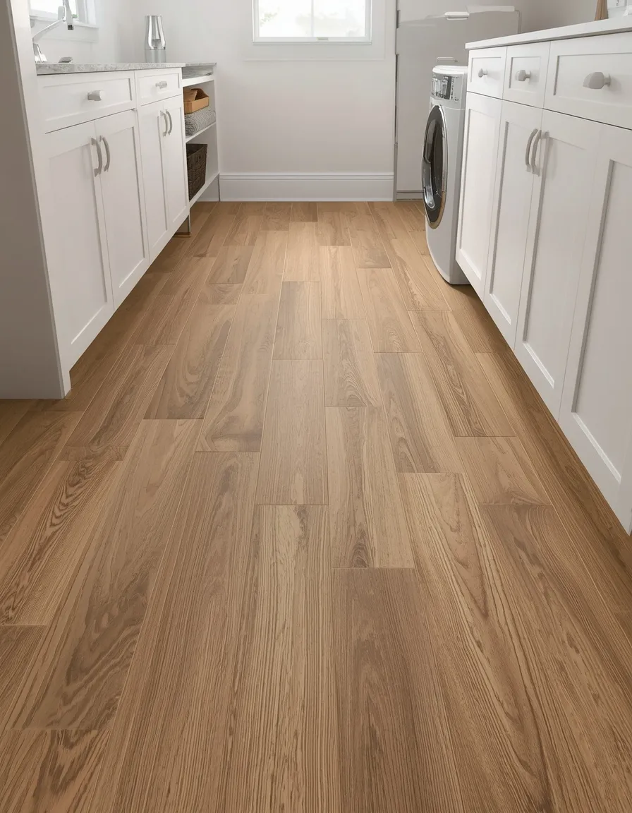 Wood-look porcelain plank laundry floor
