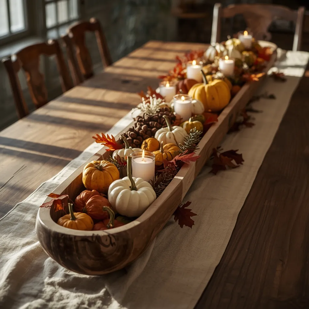 Wooden dough bowl fall centerpiece