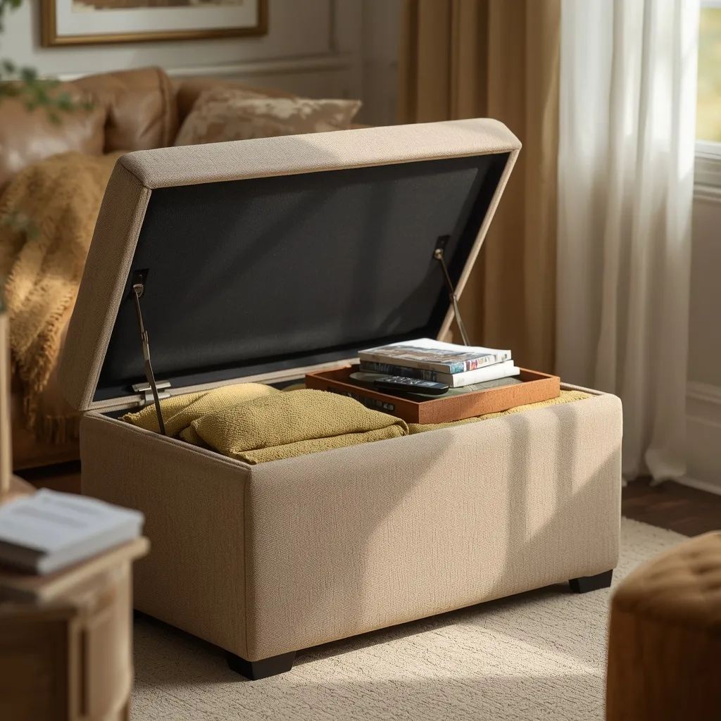 storage ottoman with its lid open showing blankets stored inside a living room