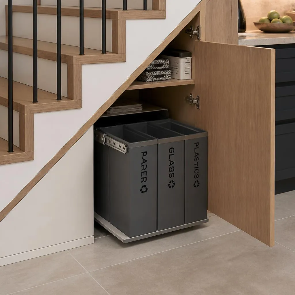 an under-stair recycling station with labelled pull-out bins behind a door