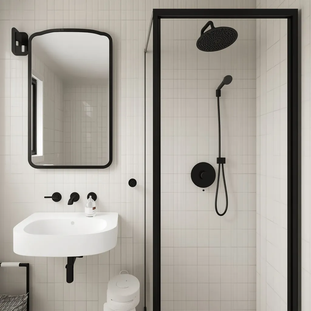 Black accents light small bathroom