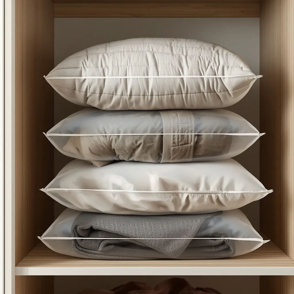 Compressed vacuum-seal bags holding a duvet and coats stacked on a closet shelf