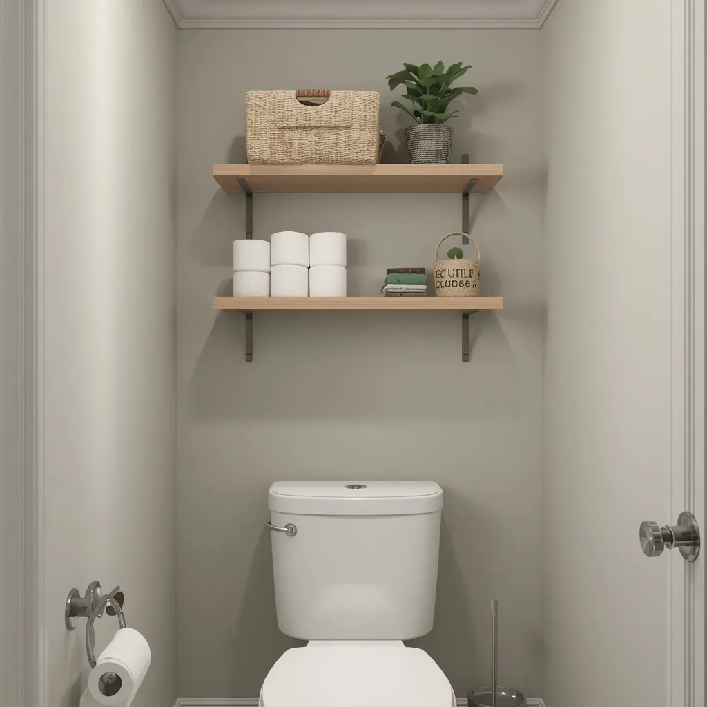 Floating shelves above a toilet holding towels, baskets and a plant