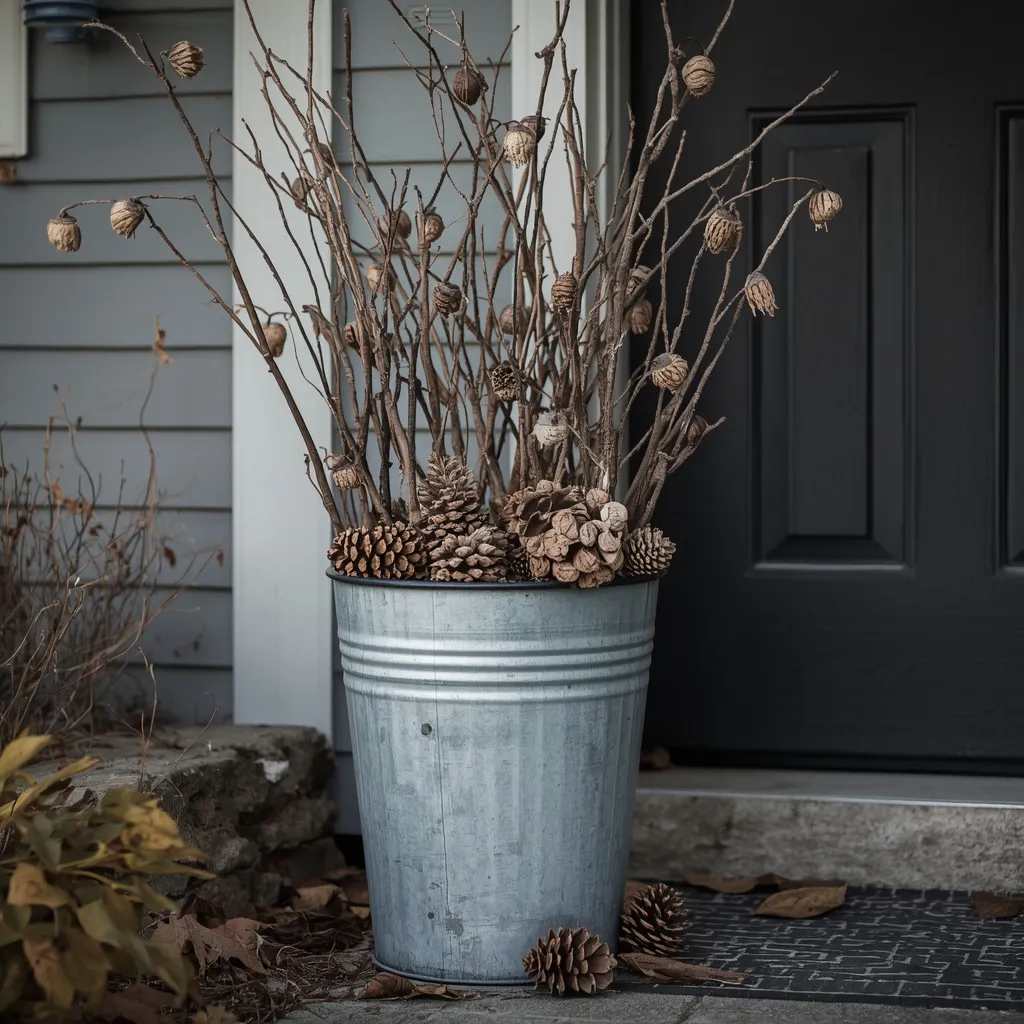 Foraged twigs and pinecones by a door
