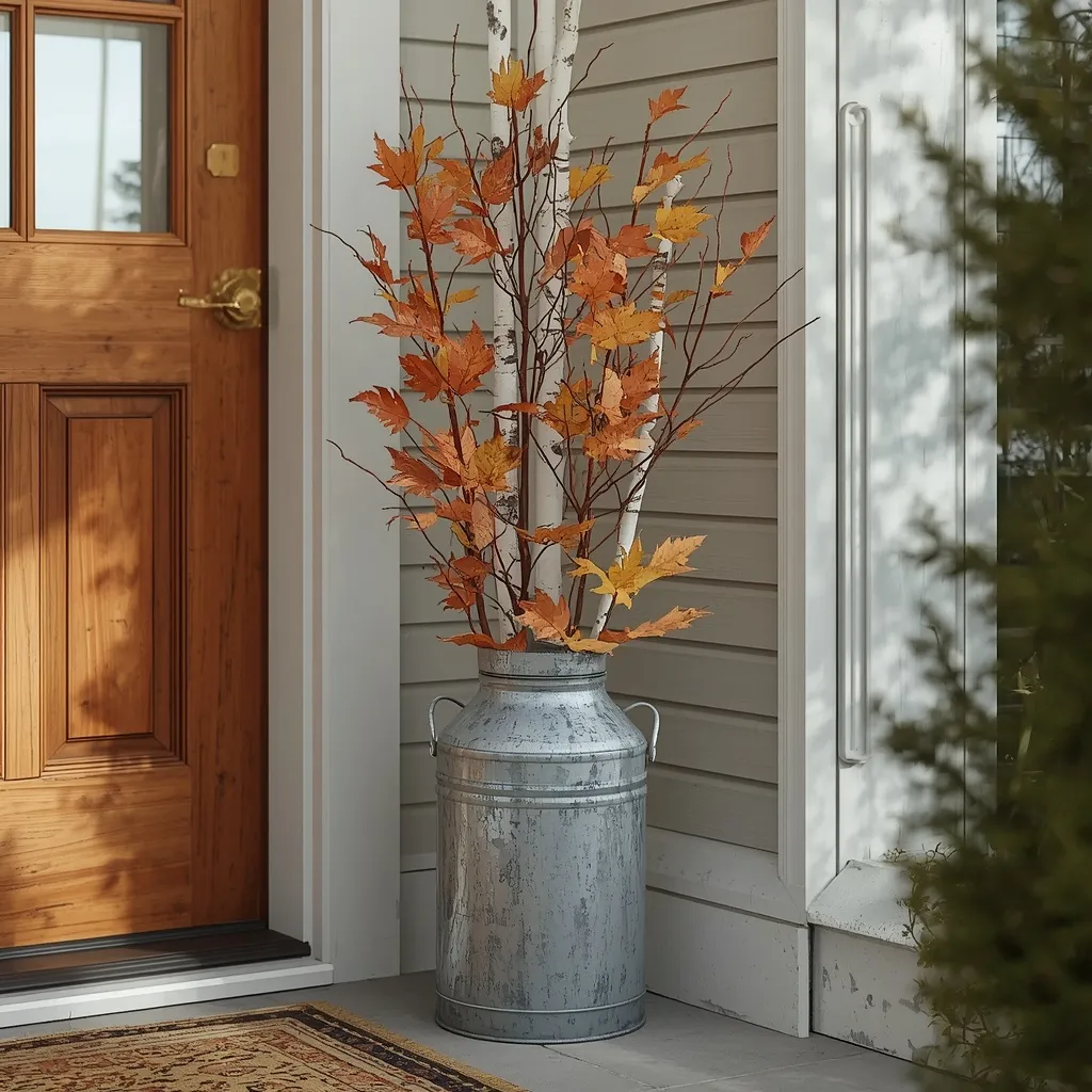 Galvanized milk can with fall branches