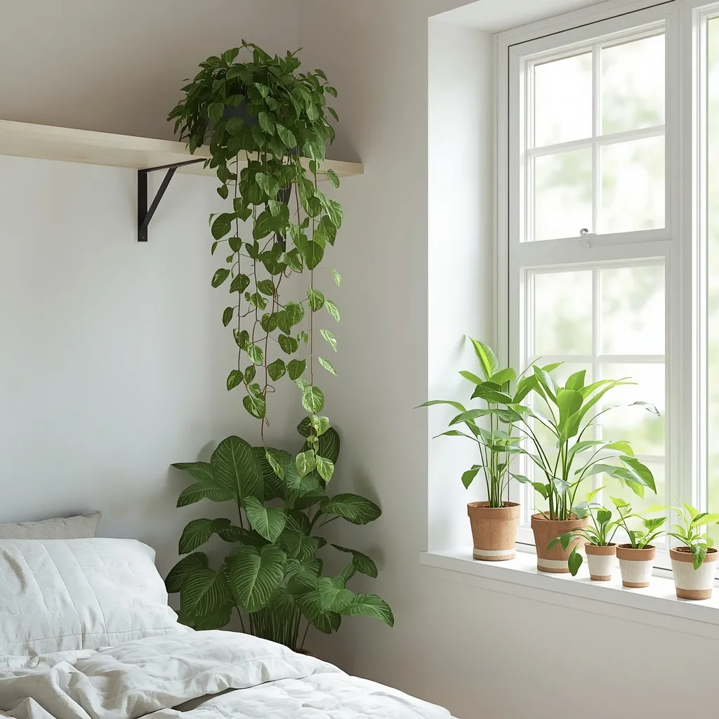 Plant filled green summer bedroom