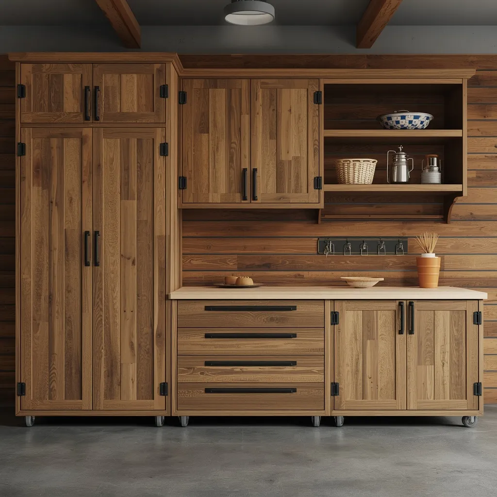Reclaimed barn-board cabinets with black hardware in a rustic garage