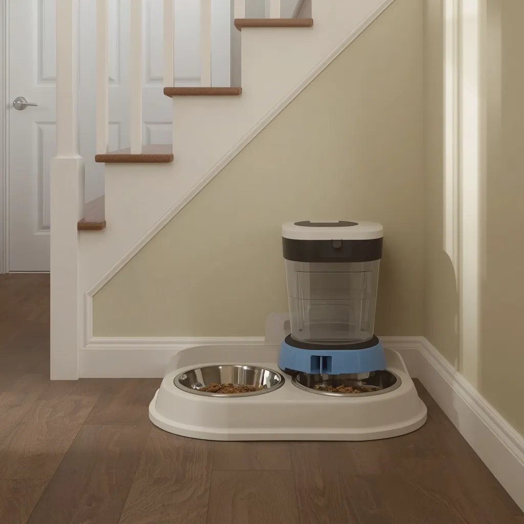 A concealed under-stair pet feeding station with recessed bowls and a food drawer