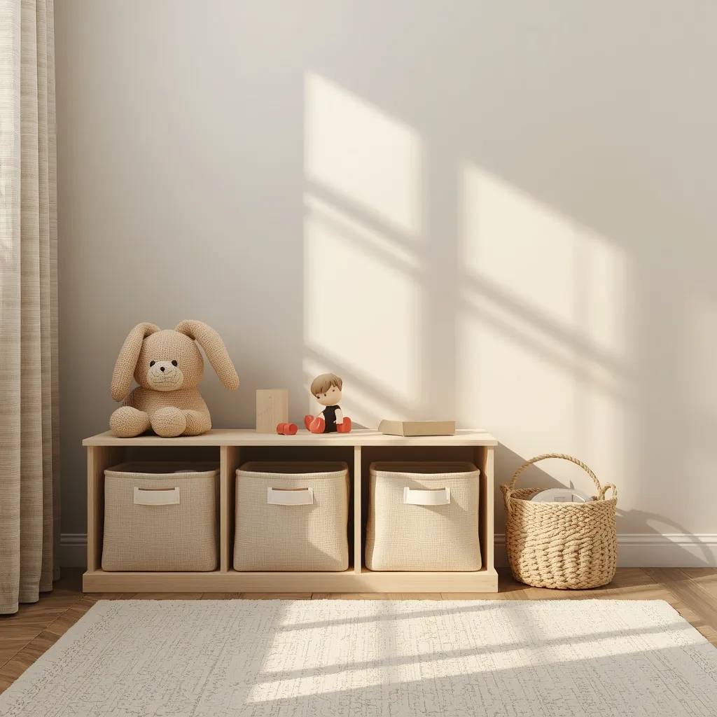 A low cube storage unit with fabric bins organising toys in a playroom