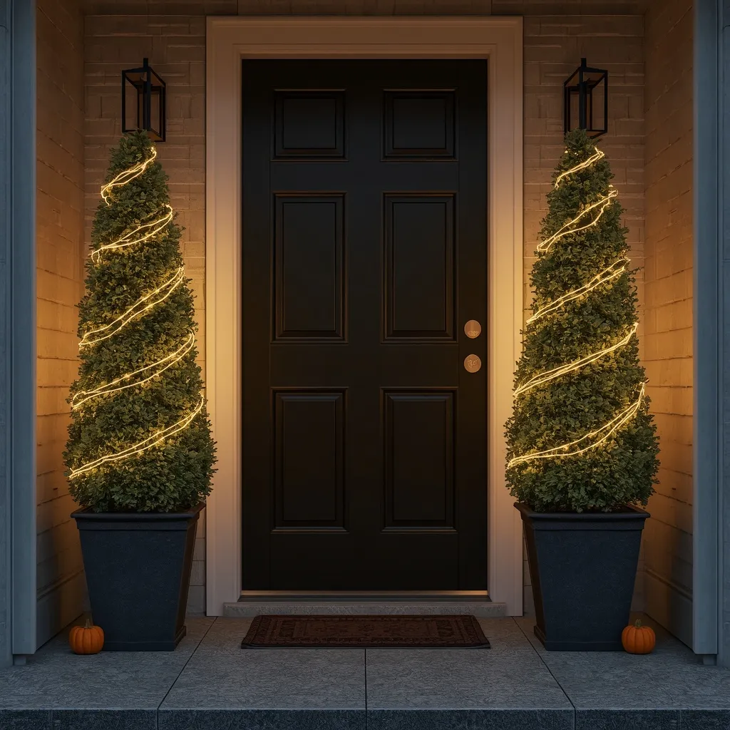 Lit potted topiaries flanking a door