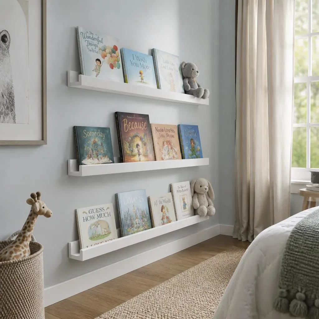 Low forward-facing floating shelves in a kids’ room displaying books and toys