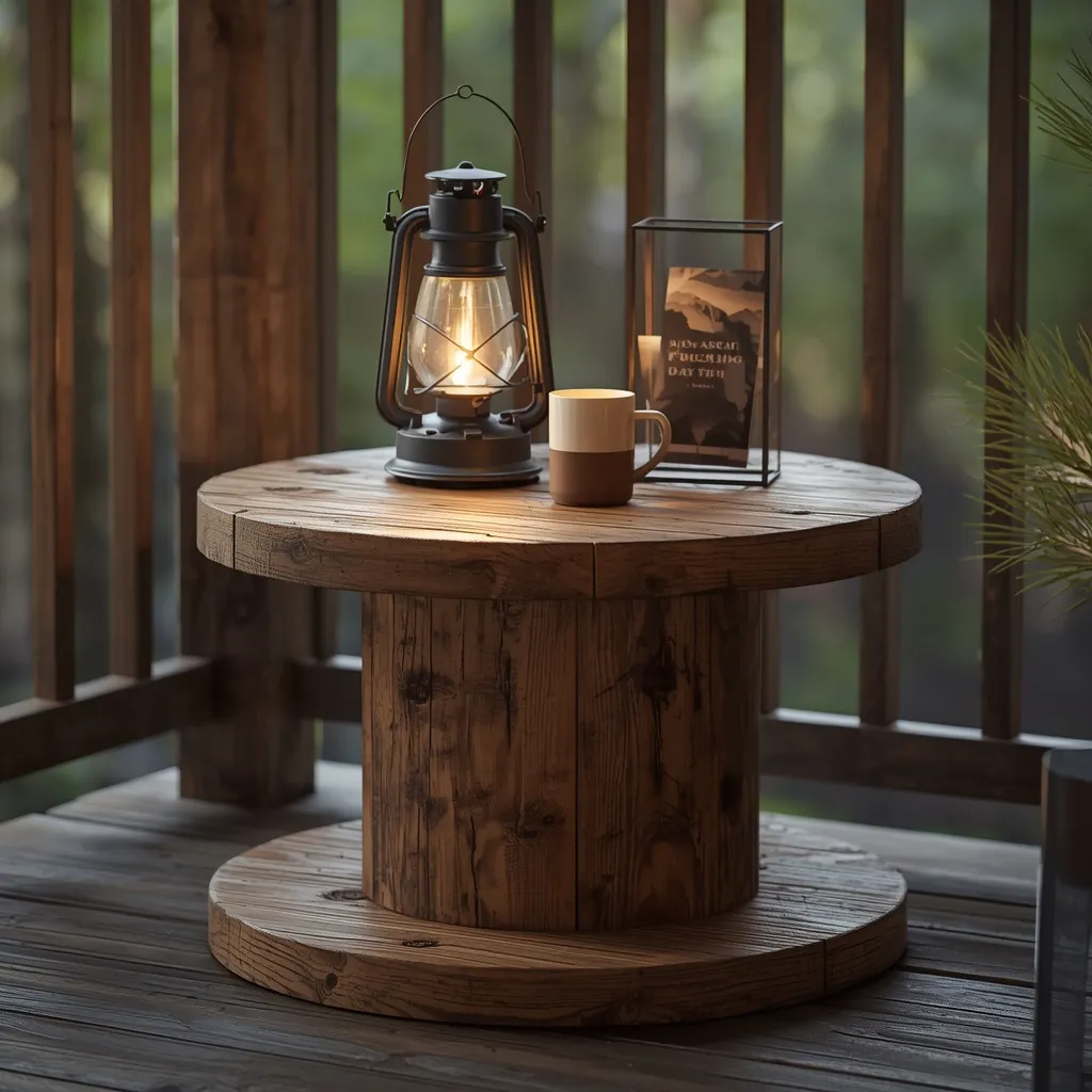 Wooden cable spool table on a porch