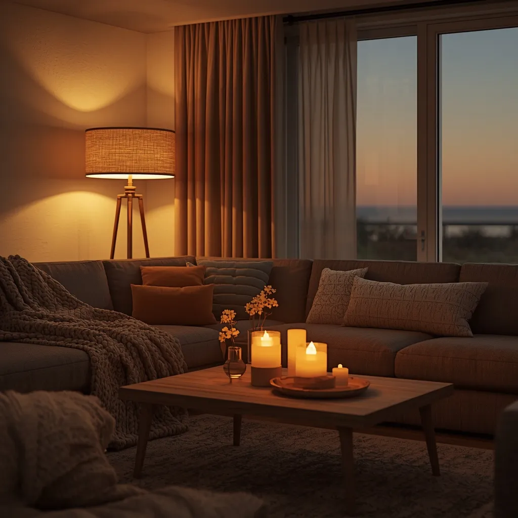 Cozy evening coastal living room