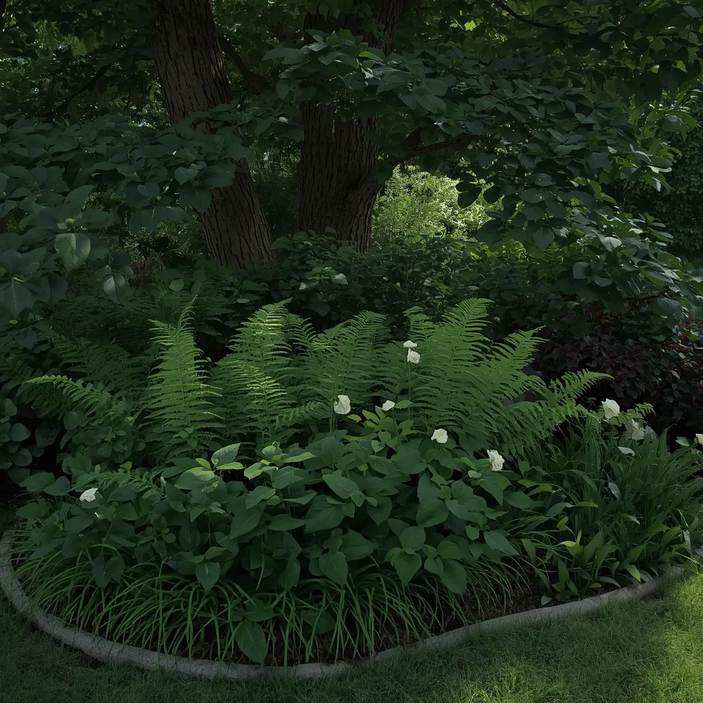 Layered shade flower bed under trees