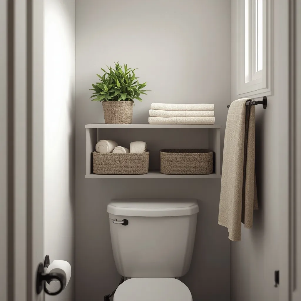 Over-toilet shelving holding towels, spare rolls and baskets in a small bathroom