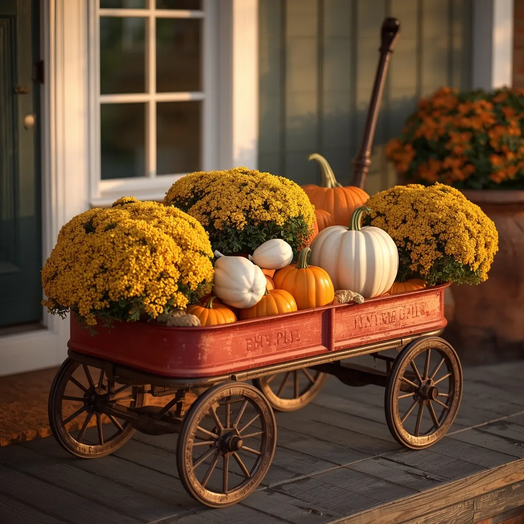 Vintage wagon of mums on a porch