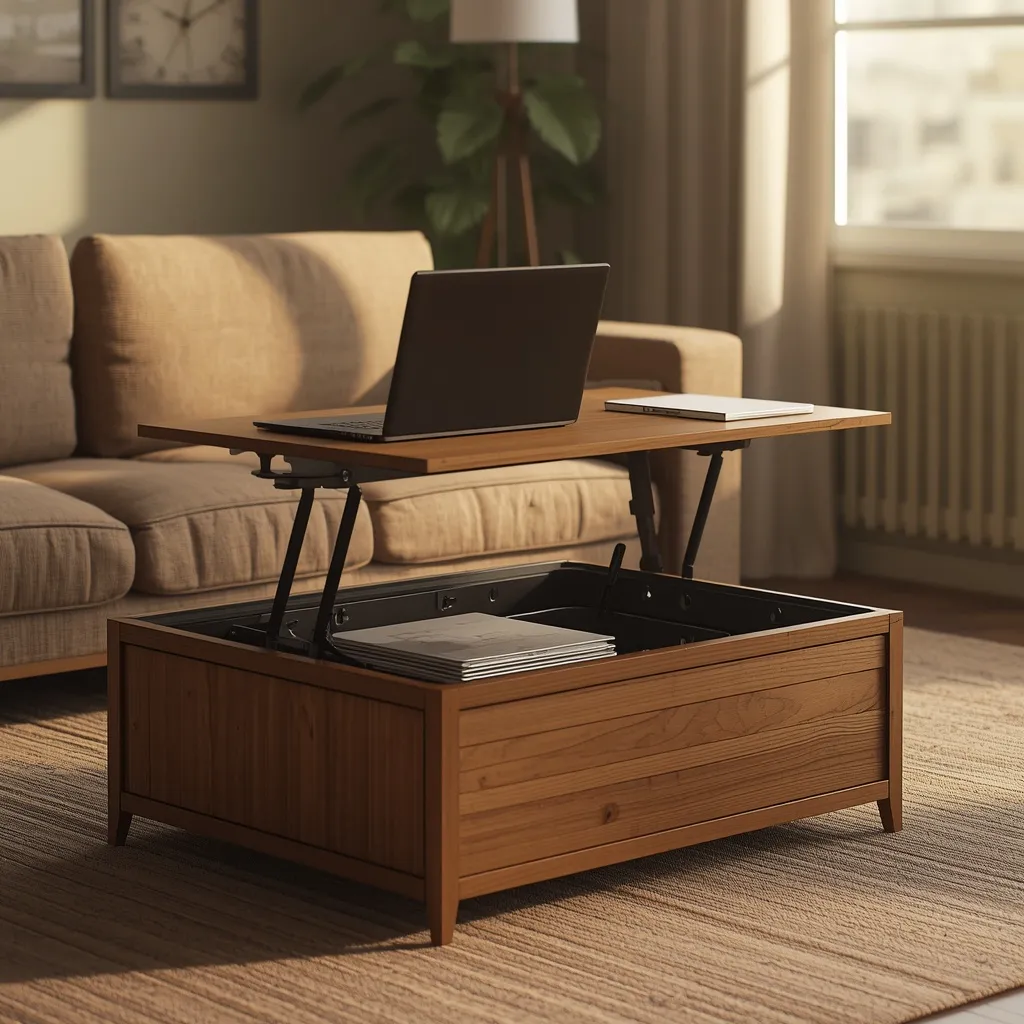  A lift-top coffee table raised into a work surface with storage visible beneath