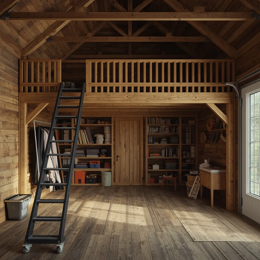 A timber loft storage platform with a rolling ladder in a rustic garage