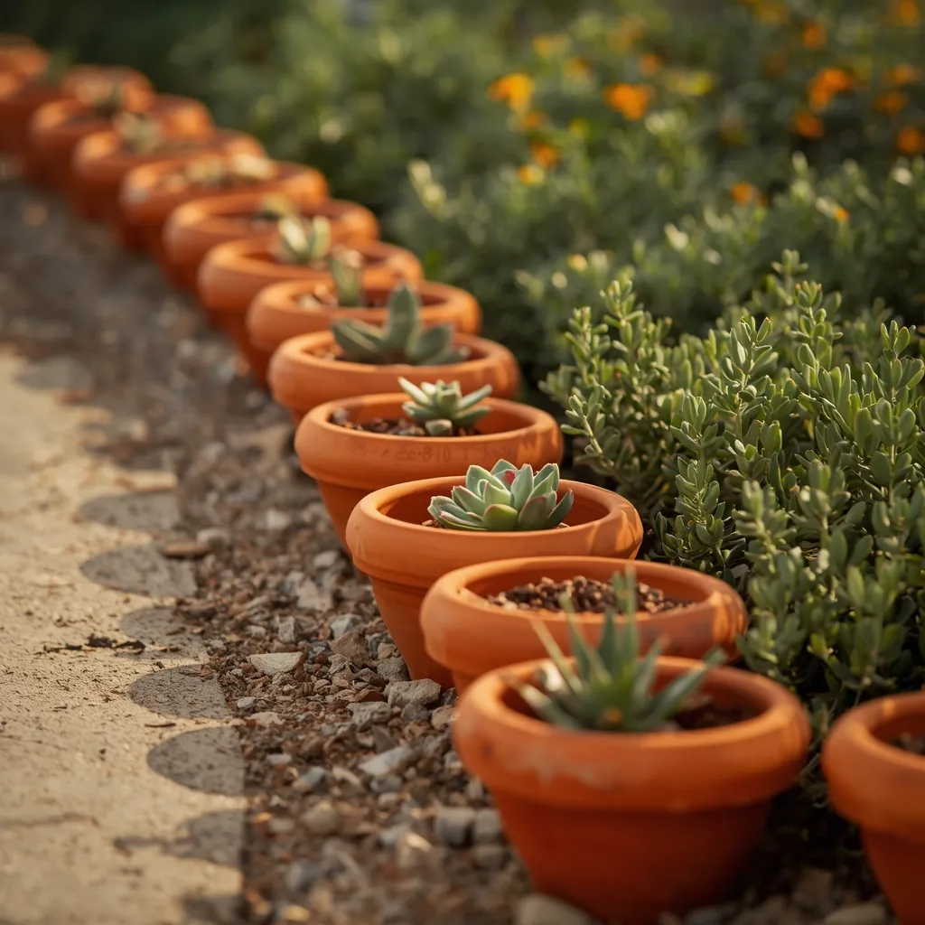 Terracotta pot flower bed edging