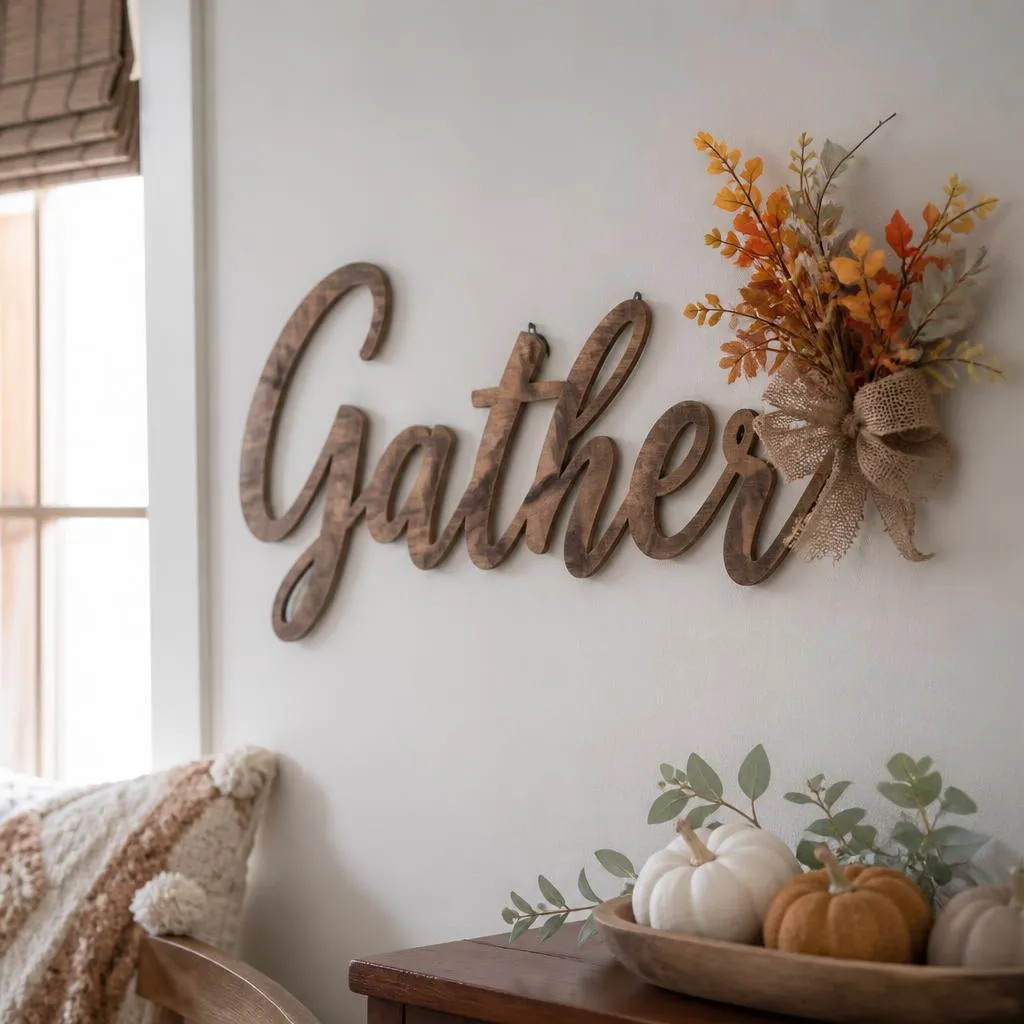 Wooden monogram letter with fall foliage