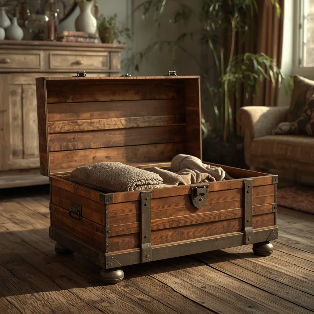 A vintage wooden trunk used as a coffee table storing blankets inside